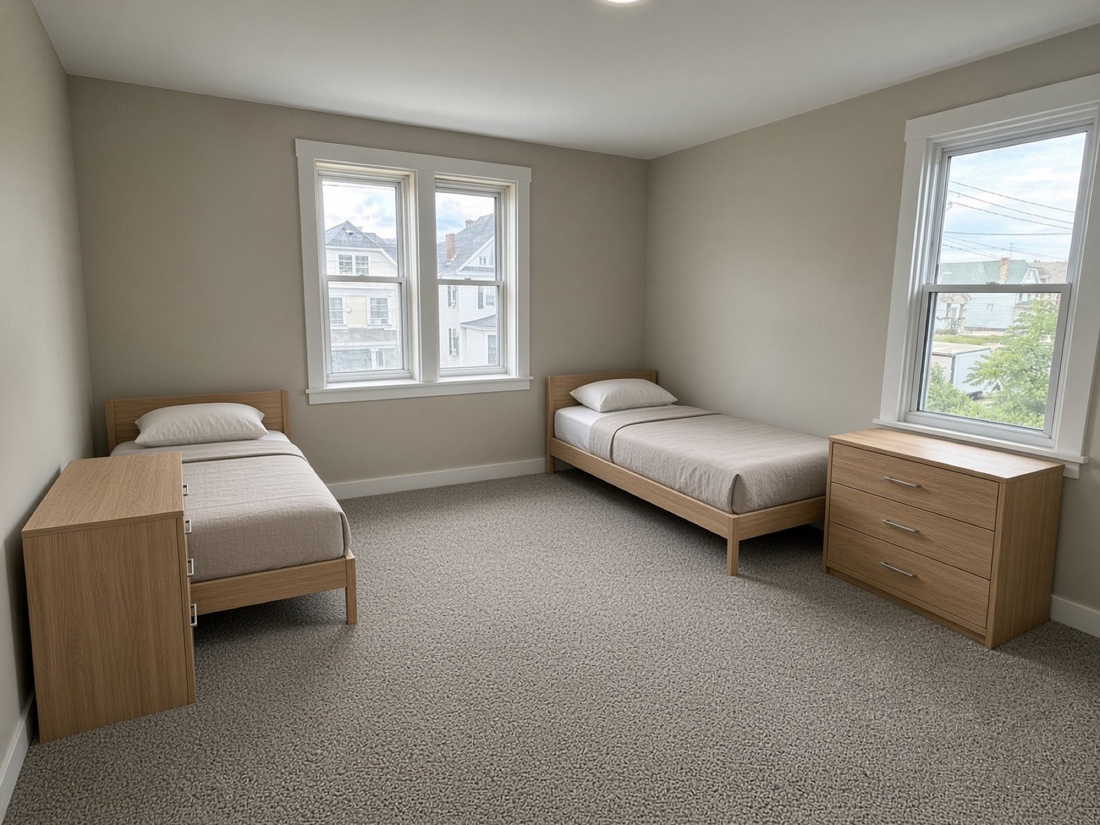 Shared bedroom with two twin beds, dressers, and two windows